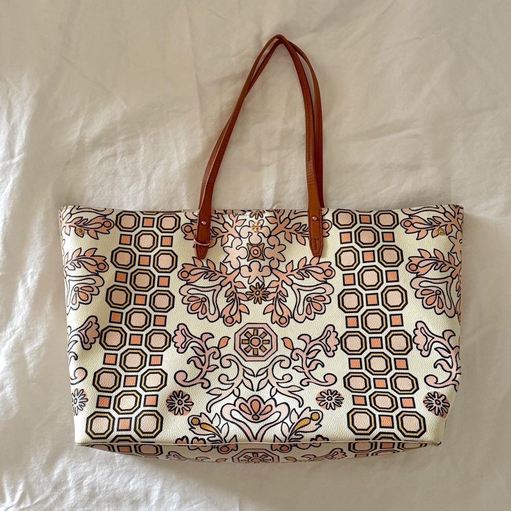 Tory Burch Cream Floral & Geometric Print Tote with Tan Handles